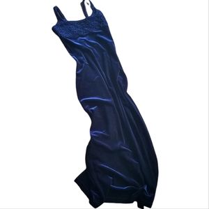 Vintage velvet velour floor-length maxi gown ruffle textured bodice, navy